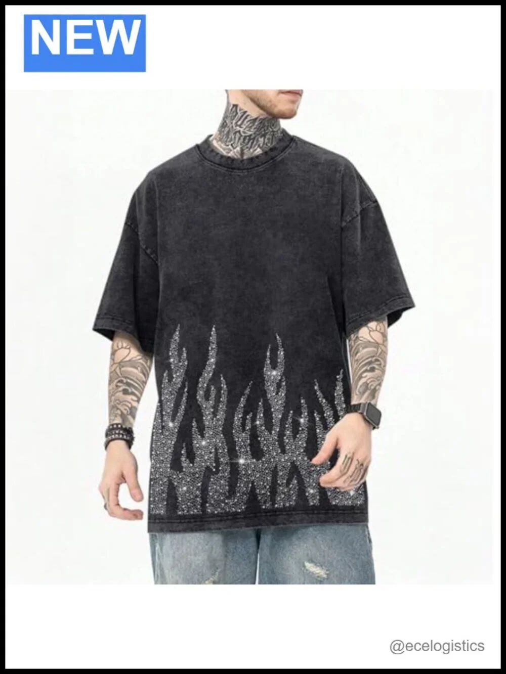 Oversized Rhinestone Flame Graphic Tee Streetwear Grunge Y2K T-Shirt